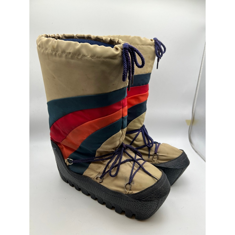 Vintage 80s Rainbow Stripe Moon Boots Retro Platform Snow Ski Boots Mens Womens